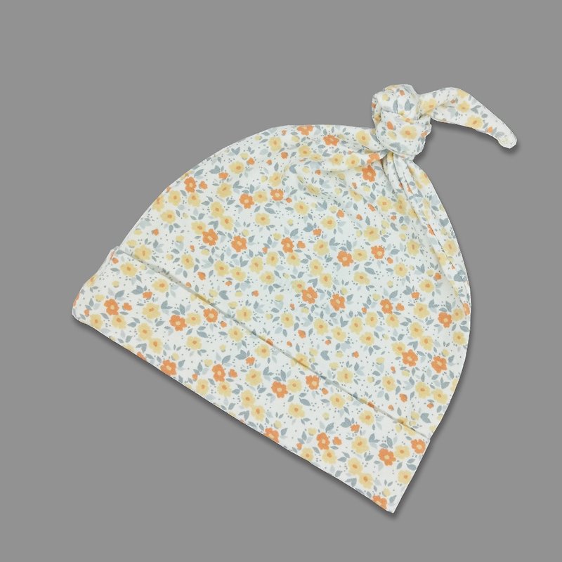 【Deux Filles有機棉】帶結嬰兒帽(橙黃碎花) - 嬰兒帽子/髮帶 - 棉．麻 橘色