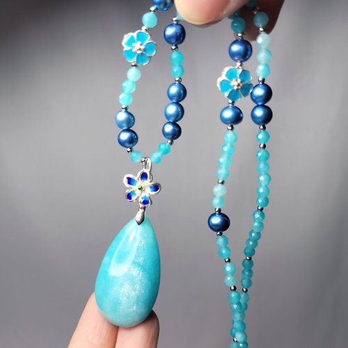 LINFINITY大千設計無限創藝 天然 天河石 冰藍 星光 絲綢光 藍珍珠 琺瑯 幸運 靈性 項鍊 單品