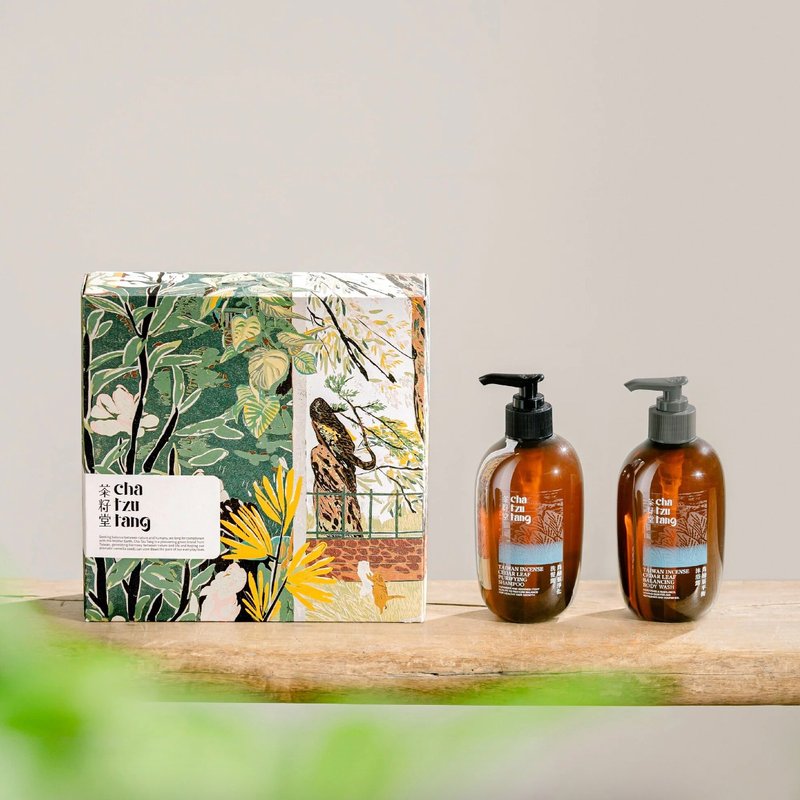 【肖楠葉植萃雙入組】洗髮露+沐浴露 | 茶籽堂春神覓版畫禮盒 - 沐浴露/番梘 - 植物．花 綠色