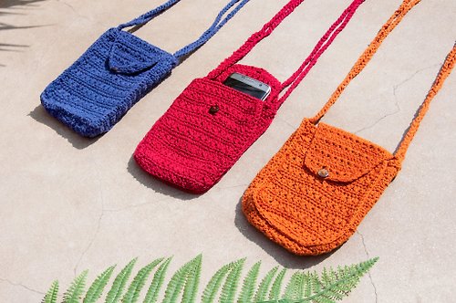 omhandmade 手工鉤織手機套 收納袋 票夾 悠遊卡套-藍色紅色橘色自然條紋色彩