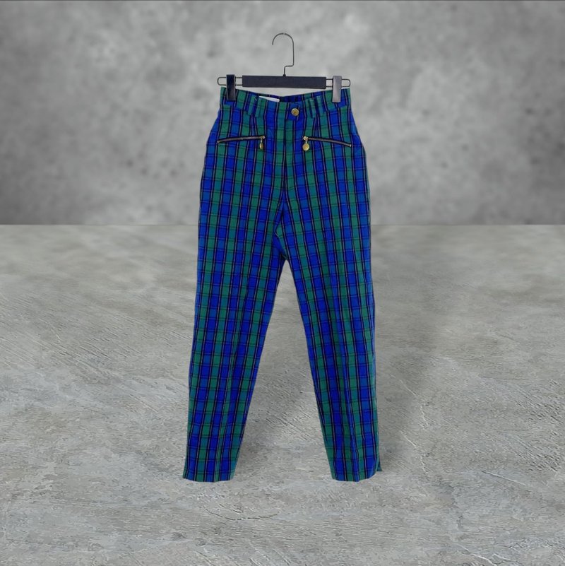 Used Teal checked elastic high waist 26 trousers OPD503 - Women's Pants - Polyester Blue