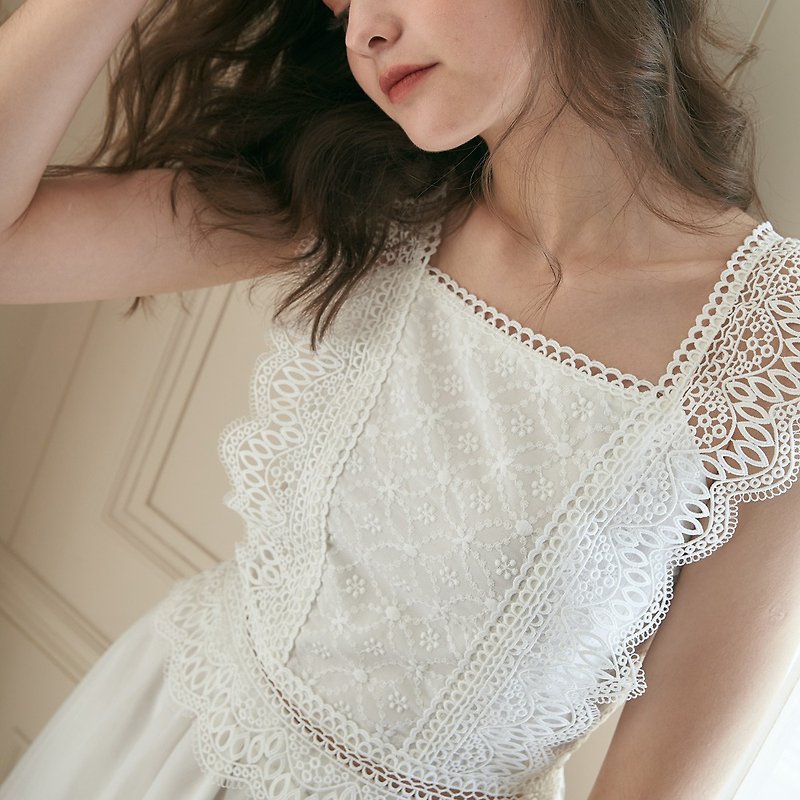 聚酯纖維 禮服/小禮服 白色 - Megan梅根極緻工藝繡花蕾絲上衣