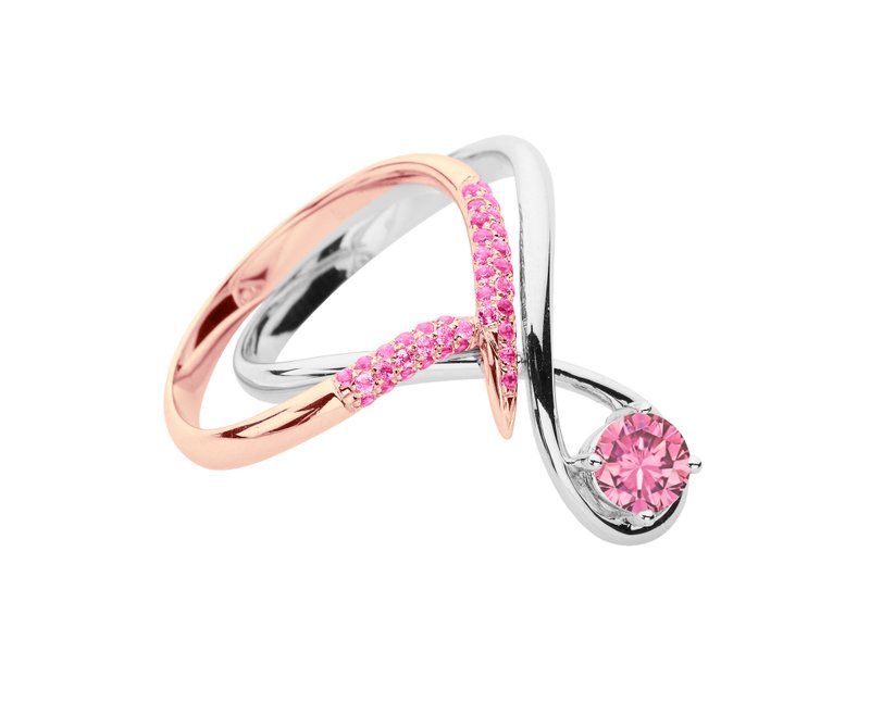 2 tone 14K gold wedding set w/ pink sapphire engagement ring & pave bridal band - Couples' Rings - Precious Metals Pink