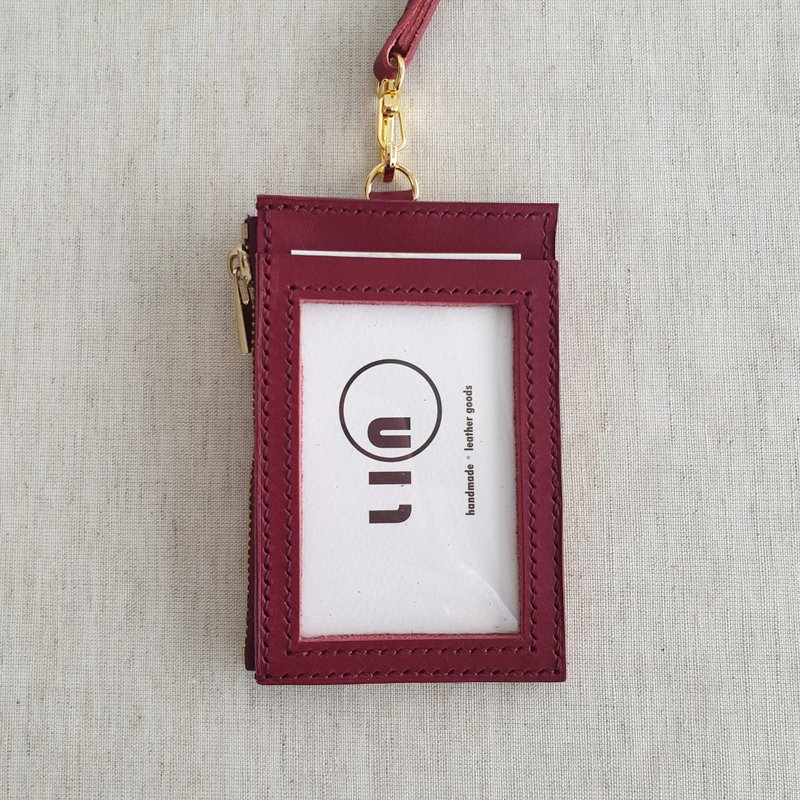 。LIN leather。手工皮件 證件套 識別證套 拉鍊包 酒紅色 - 證件套/識別證套 - 真皮 紅色