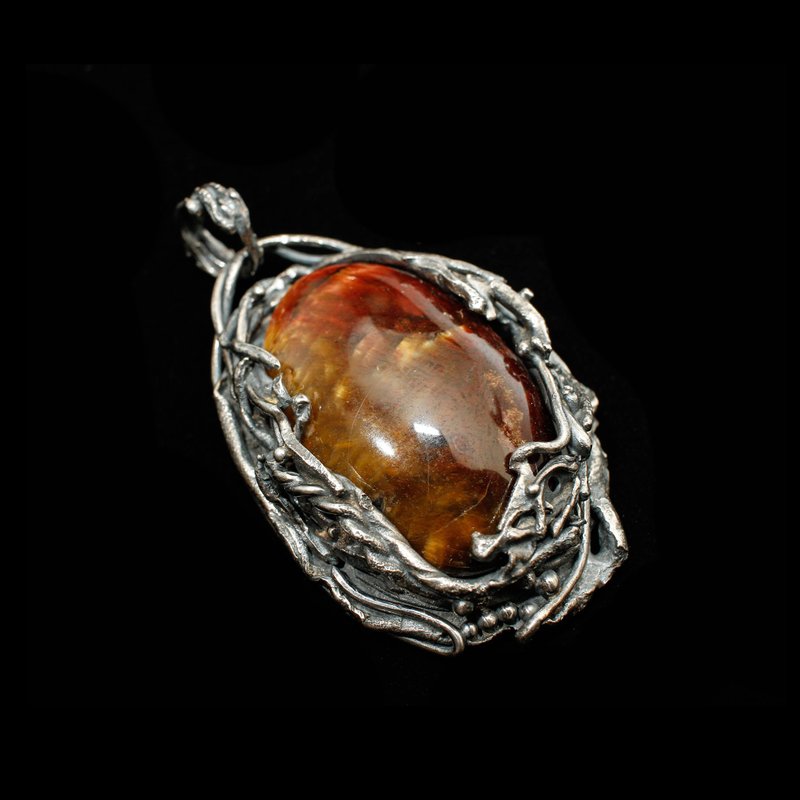 【Series of Collection】Pietersite sterling silver pendant _ Melting flame - Necklaces - Gemstone Multicolor