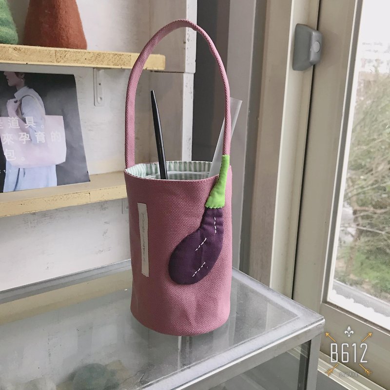 胖茄子飲料袋/水壺袋/熟粉底 - 手提包/手提袋 - 棉．麻 紫色