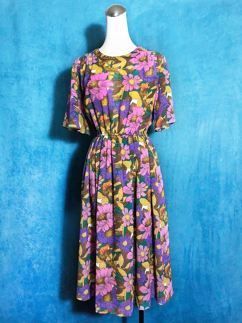 Flower Wide Arc Sleeve Vintage Dress / Bring back VINTAGE abroad - ชุดเดรส - เส้นใยสังเคราะห์ หลากหลายสี