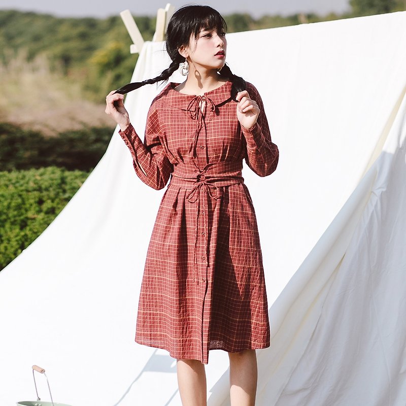 Anne Chen 2018 spring and summer new literary women's plaid in the long dress dress skirt - One Piece Dresses - Cotton & Hemp Red