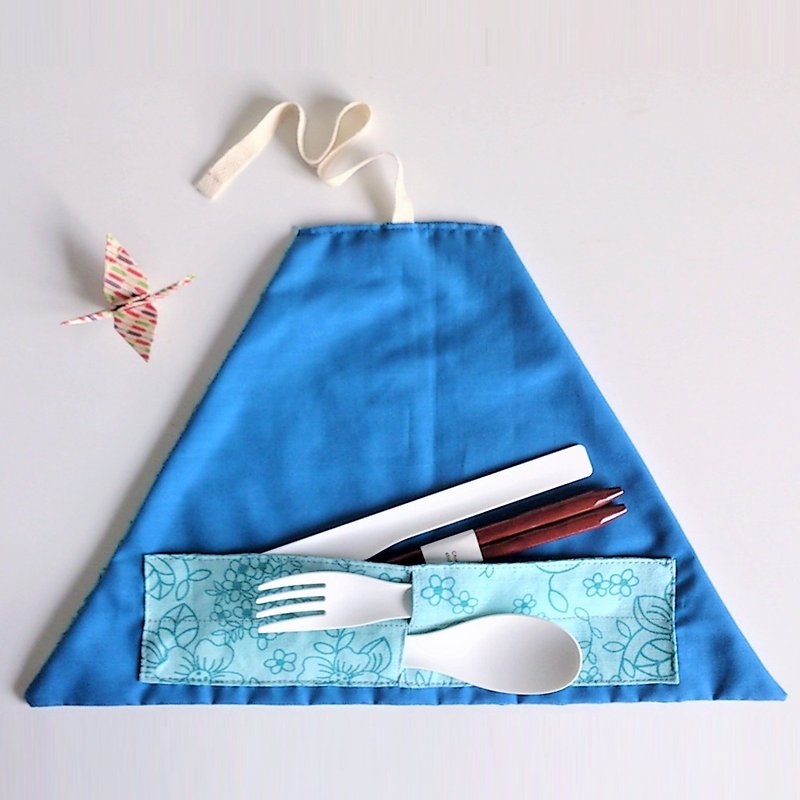 餐具收納套 (湖水綠印花 x 彩藍) - 筷子/筷架 - 棉．麻 藍色