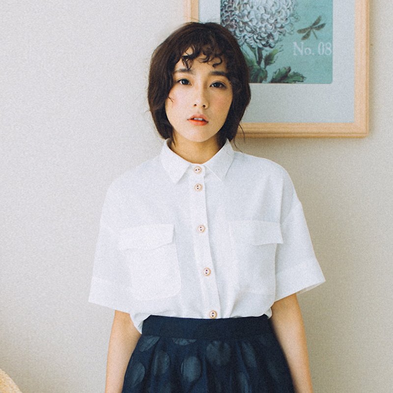 Annie Chen 2017 summer new women short paragraph shirt pocket - Women's Shirts - Cotton & Hemp White