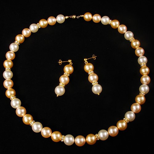 AGATIX Swarovski Gold White Pearl Jewelry Set Necklace and Earrings Wedding Jewelry Set