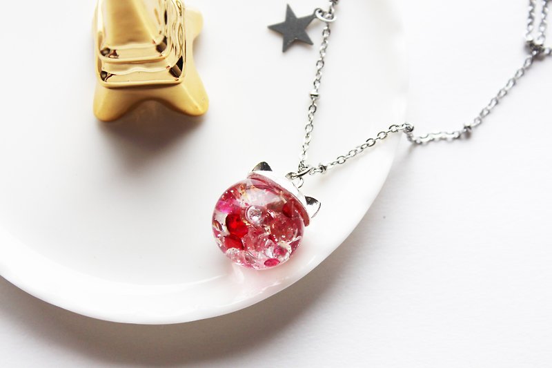 Rosy Garden 小貓咪深粉紅色水晶流動玻璃球項鍊 銀色鍊 - 頸鏈 - 玻璃 紅色