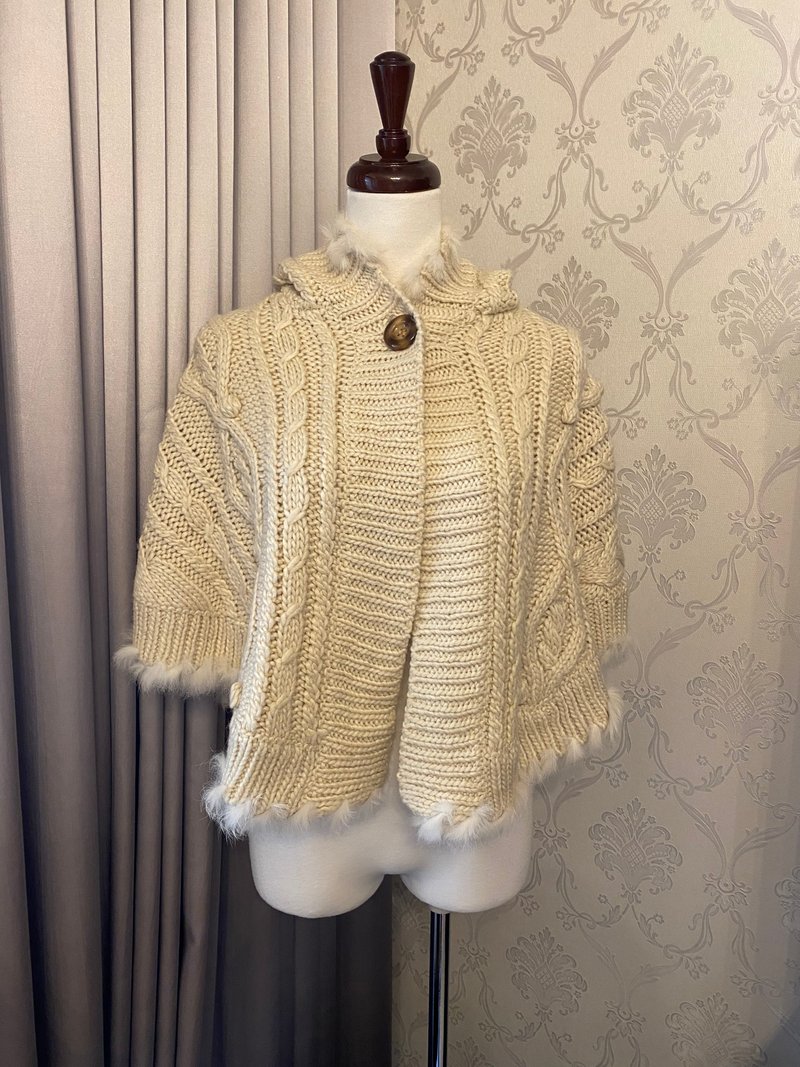 Off-White Woven Rabbit Fur Collar Cape - Women's Sweaters - Wool White