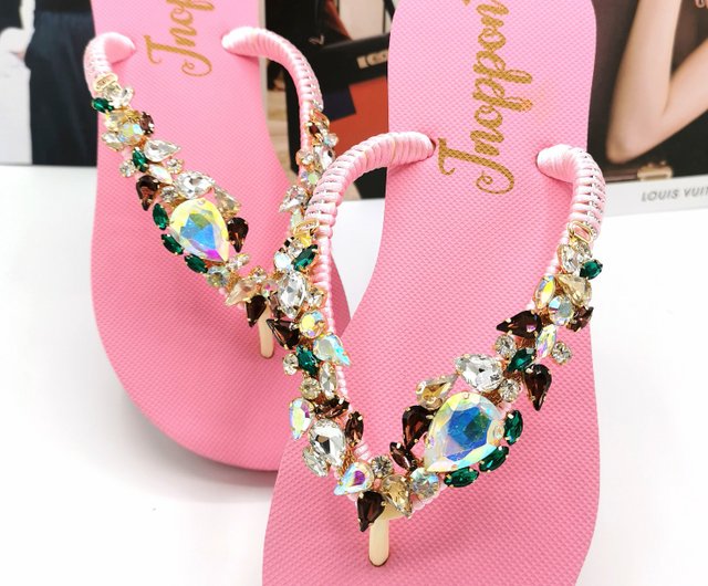 Jeweled Flip Flops Bling Flip Flops Pink Rhinestone Sandals Beach Sandals  Shoes - Shop jnoppon Slippers - Pinkoi