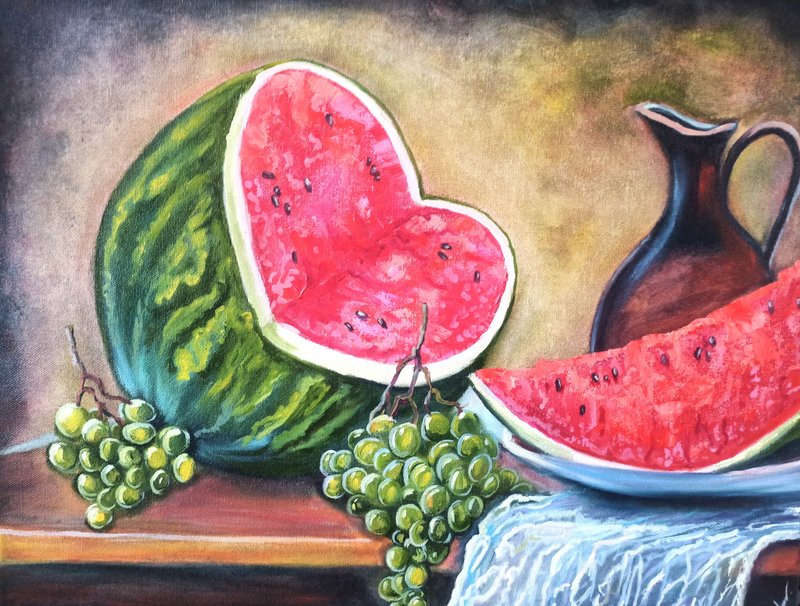 Original Oil Painting on Canvas 40x50cm Fruits Artwork Watermelon Still Life - 壁貼/牆壁裝飾 - 其他材質 