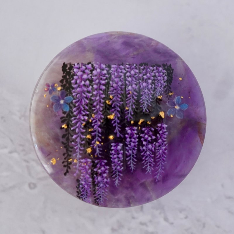 Natural Stone Amethyst and Wisteria Obi Clasp, Brooch, Pony Hook with Gold Leaf - Hair Accessories - Gemstone Purple