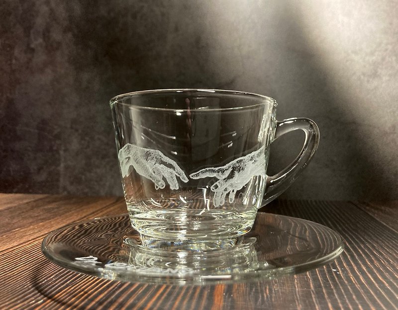 Genesis coffee cup and plate set glass carving art - Mugs - Glass Transparent