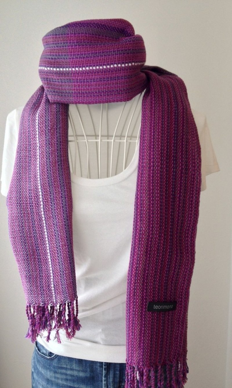 【綿：オールシーズン】手織りストール "Purple Stripe 5" - 絲巾 - 棉．麻 紫色
