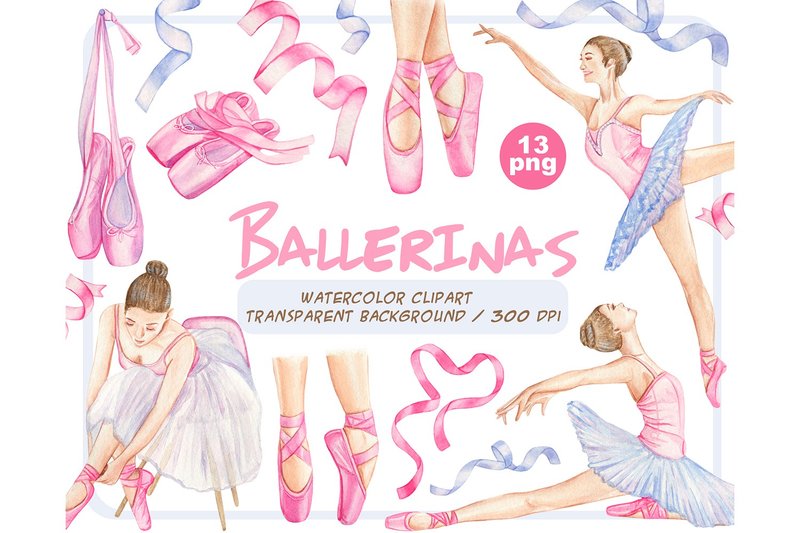 Watercolor Ballerina Clipart-Realistic ballet dancers png - Illustration, Painting & Calligraphy - Other Materials Pink