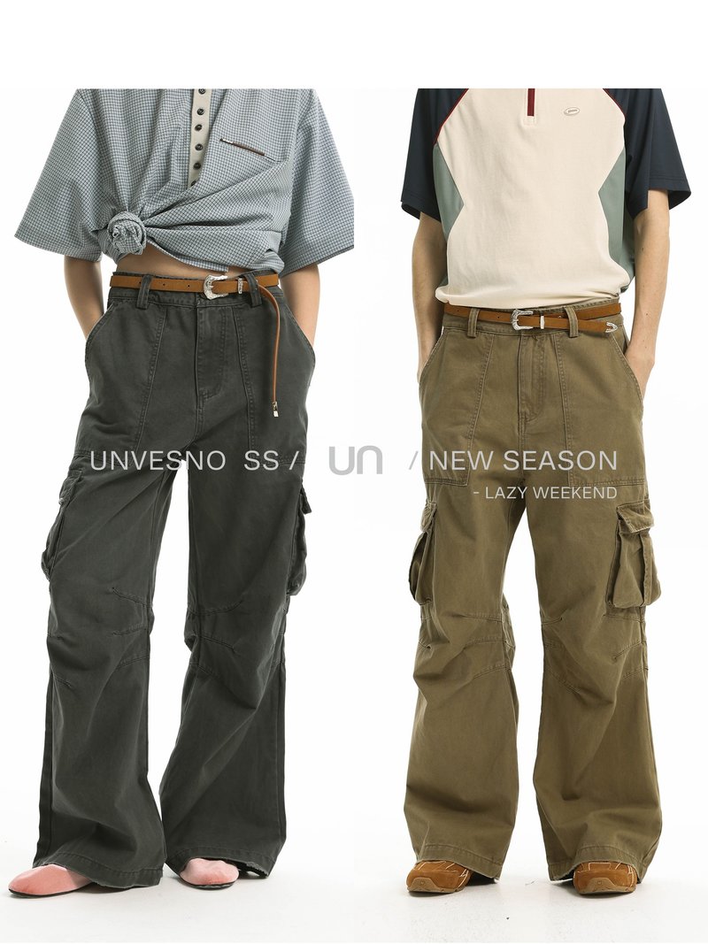 Unvesno (UN) Wasteland-Washed Faded Distressed Hem Multi-Pocket Wide-Leg Pants with Three-Pronged Pleated Micro-Flare at the Knee - Men's Pants - Cotton & Hemp 