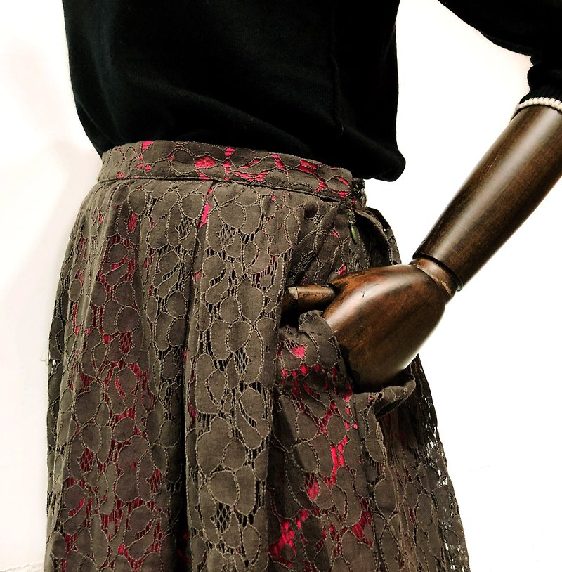 original step hem Japan cotton lace skirt in contrast lining - กระโปรง - ผ้าฝ้าย/ผ้าลินิน สีเขียว