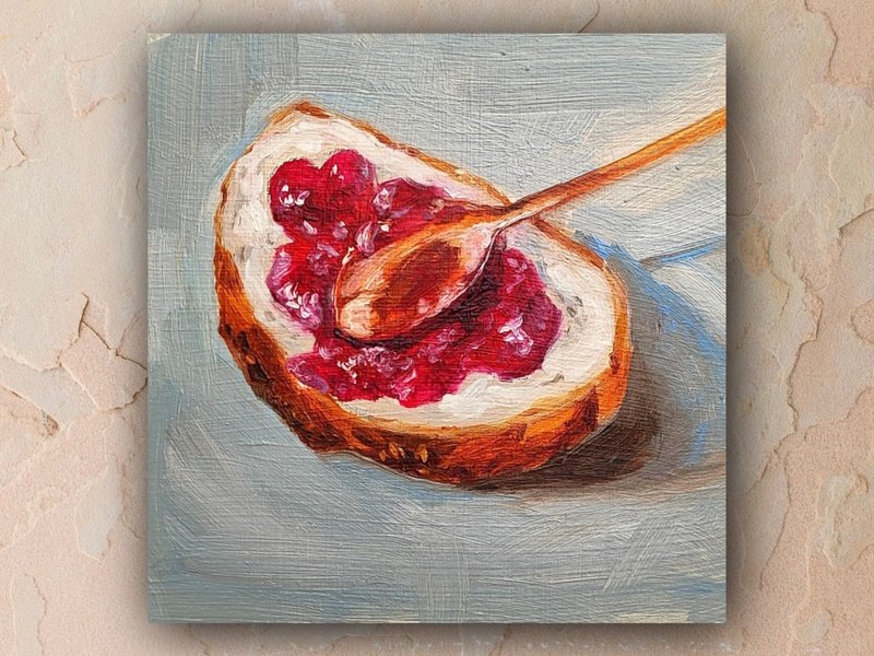 Toast with jam painting  original oil art still life 13 by 13 cm - โปสเตอร์ - วัสดุอื่นๆ สีแดง