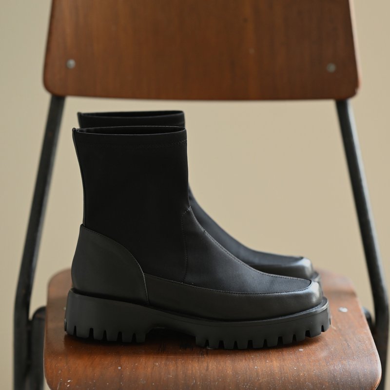 牛皮拼接彈性織布-軍風短靴-棕色 - 女短靴/中筒靴 - 真皮 咖啡色