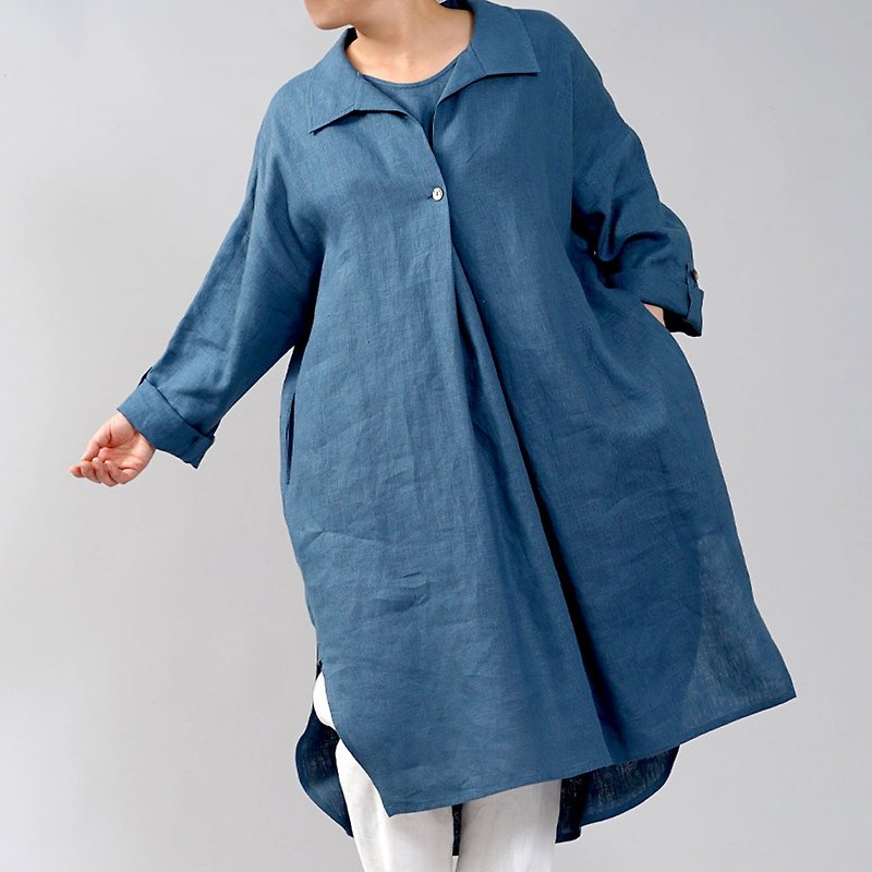 wafu --Midweight Linen Layering Style Dress / Bleu Passe a085a-bps2 - One Piece Dresses - Linen Blue