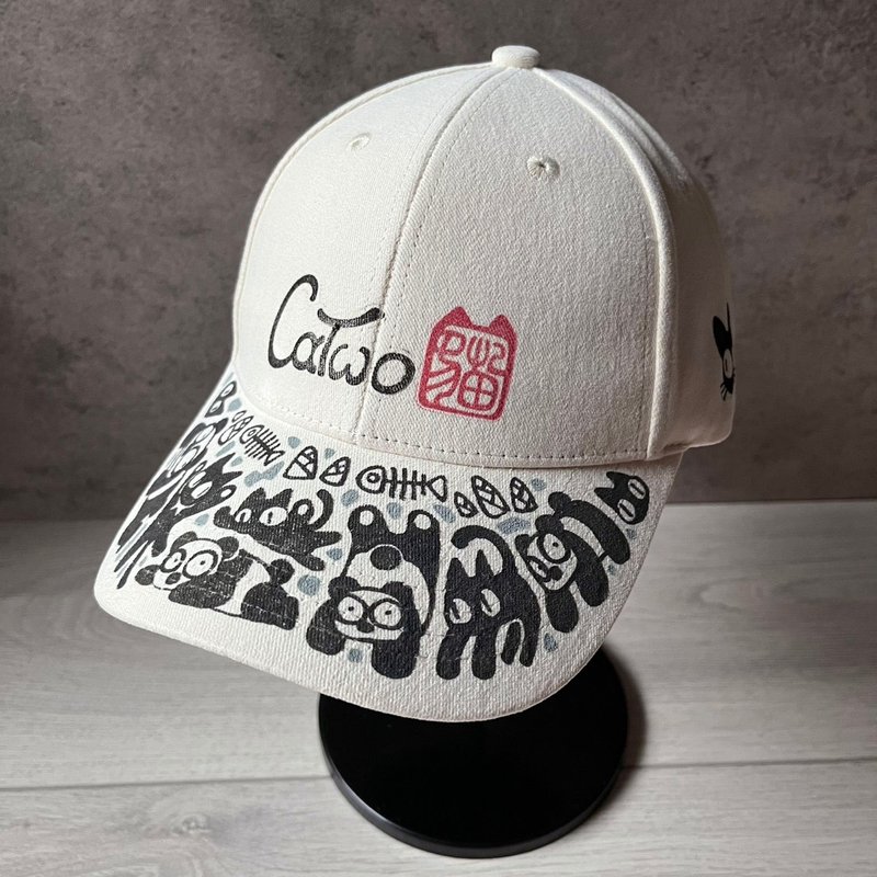 【獨家/手繪帽】CaTwo貓2 帽沿圖騰 鴨舌帽 棒球帽 老帽 米白 - 帽子 - 棉．麻 白色
