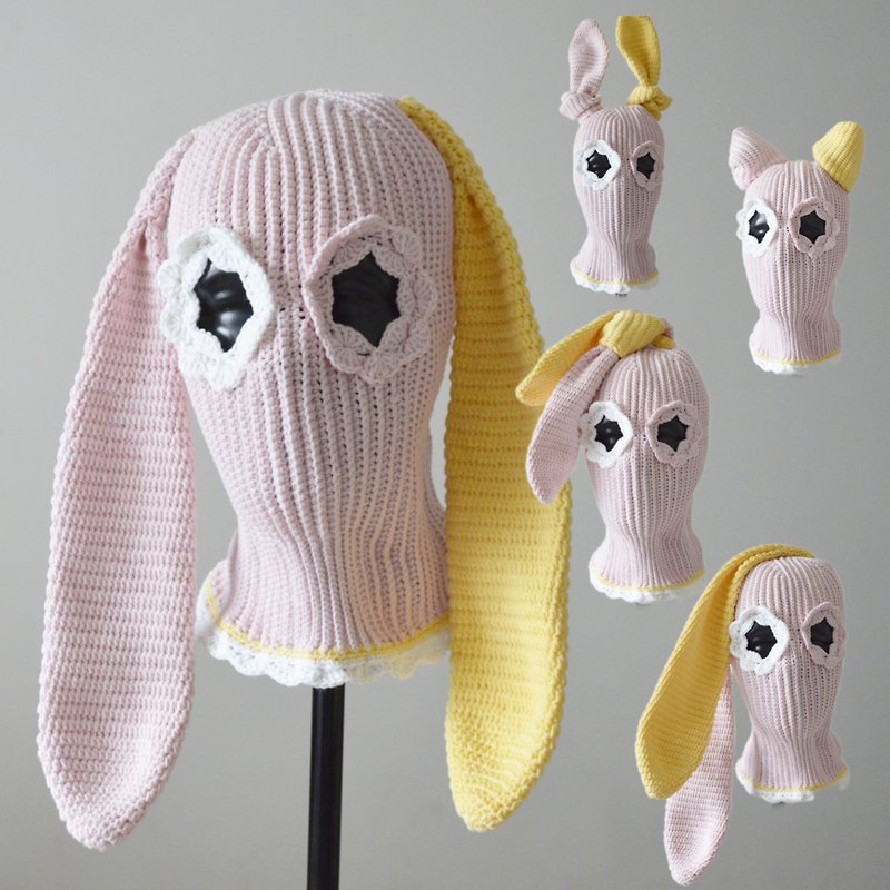 Custom pink bunny crochet balaclava Knit cute hat two holes ski mask with ears - Hats & Caps - Cotton & Hemp Pink