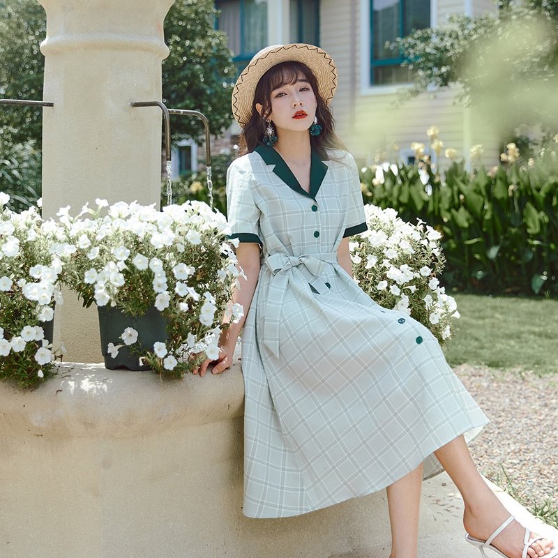 2020 summer green plaid suit collar contrast color shirt dress waist slimming temperament skirt dress - One Piece Dresses - Polyester Green