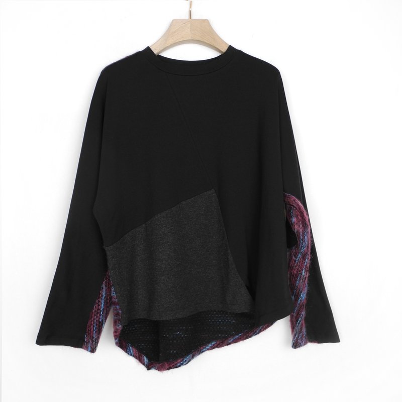 Black - Blue-Purple Mixed Wool Panel Top U1080 - เสื้อผู้หญิง - ผ้าฝ้าย/ผ้าลินิน สีดำ