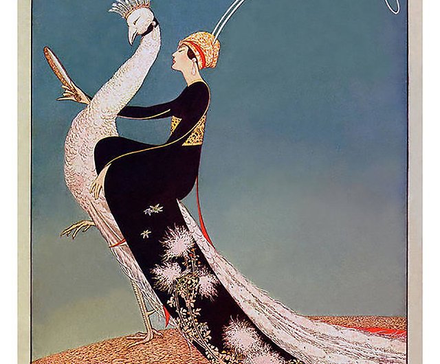 桑惠商號日本製1918s Vogue封面異國女伶孔雀坐騎古董鏡畫- 設計館桑惠 