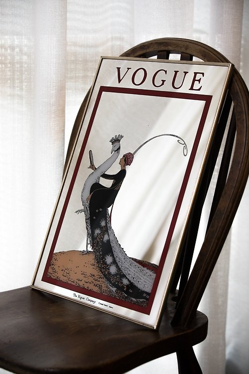 桑惠商號 日本製 1918s Vogue封面 異國女伶孔雀坐騎 古董鏡畫