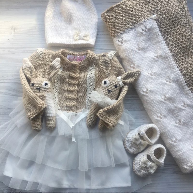 Hand knit beige and ivory colors dress, hat, booties, blanket with two toys. - Onesies - Other Materials 