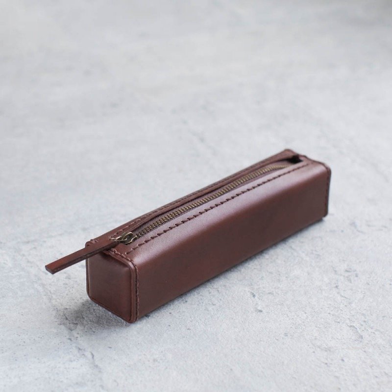 Dark brown leather pen case - Pencil Cases - Genuine Leather Brown