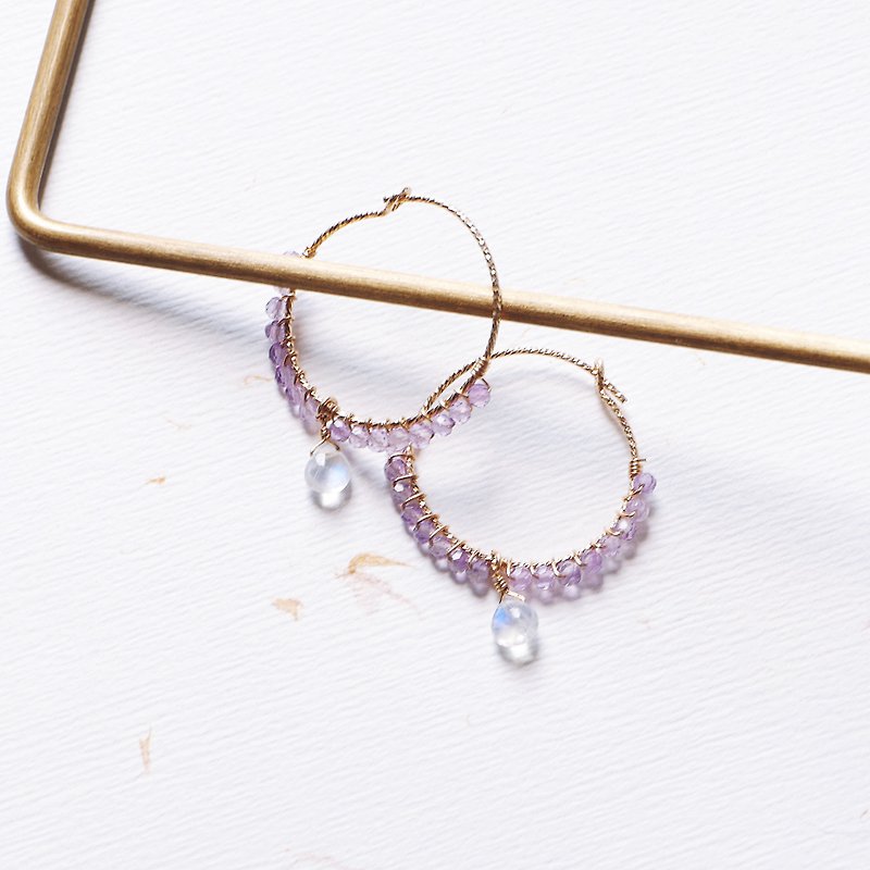 天然紫水晶圈圈耳環 透體藍月光石 送禮 天然石 輕珠寶 - 耳環/耳夾 - 寶石 紫色