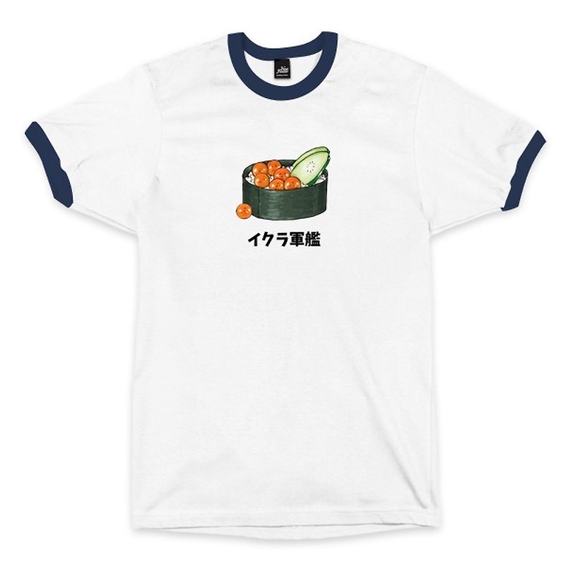 鮭魚卵軍艦 - 滾邊白藏青 - 中性版T恤 - 男 T 恤 - 棉．麻 白色
