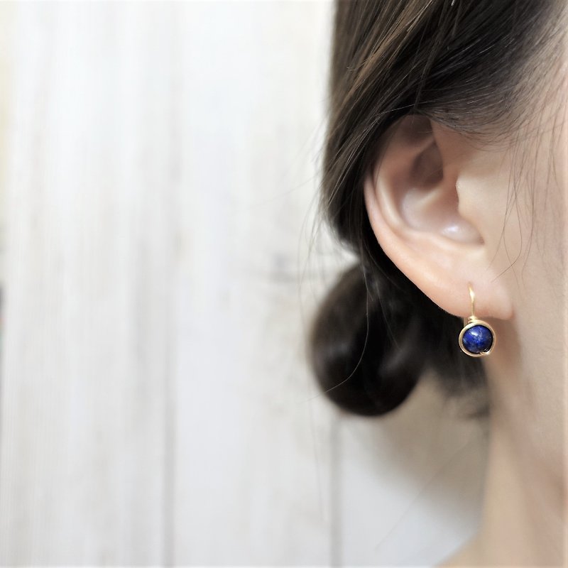 ll 6mm lapis lazuli ll gold wire frame long ear pins/ a pair - Earrings & Clip-ons - Semi-Precious Stones Blue