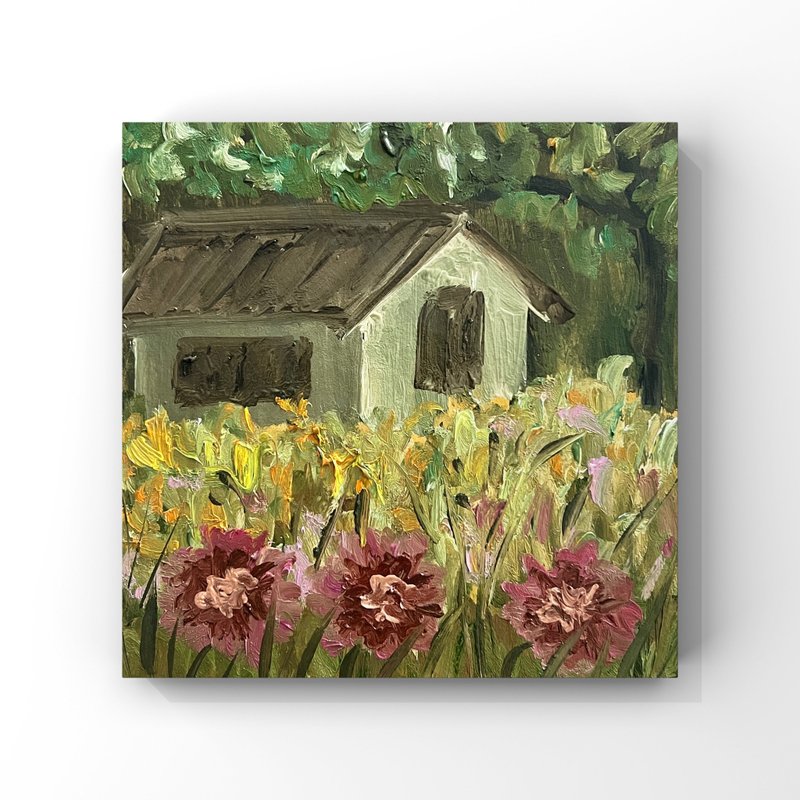 Cottage house art Village house oil painting original Rustic cabin house garden - 海報/掛畫/掛布 - 其他材質 多色