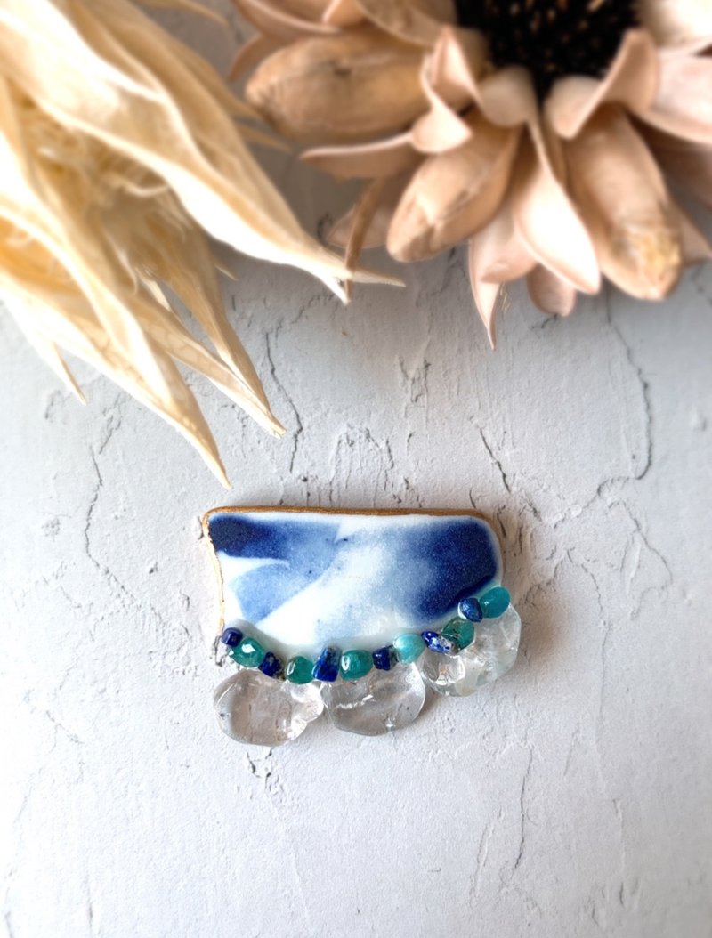 One-of-a-kind Sea Pottery Natural Stone Lapis Lazuli Quartz Apatite Hair Tie Pony Hook Brooch Blue Gold Light Blue Clear Gift - Hair Accessories - Pottery Blue