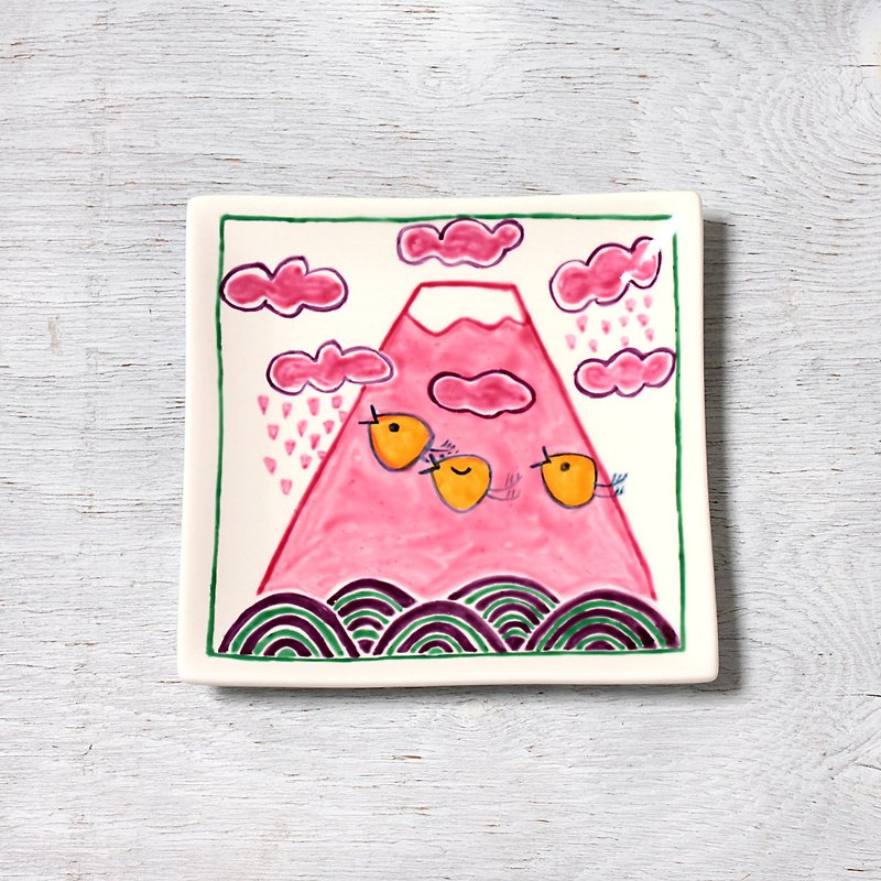 ポップな富士山と波千鳥・秋の四角皿 - 小皿 - 磁器 オレンジ