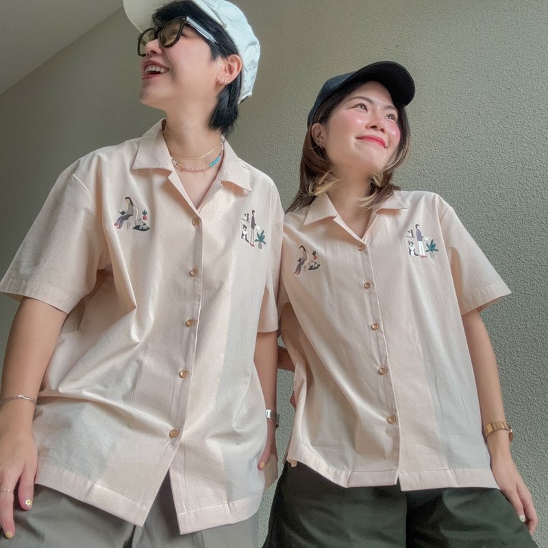 Casual Hawaii Shirt : Nude S/M - เสื้อเชิ้ตผู้หญิง - ผ้าฝ้าย/ผ้าลินิน ขาว