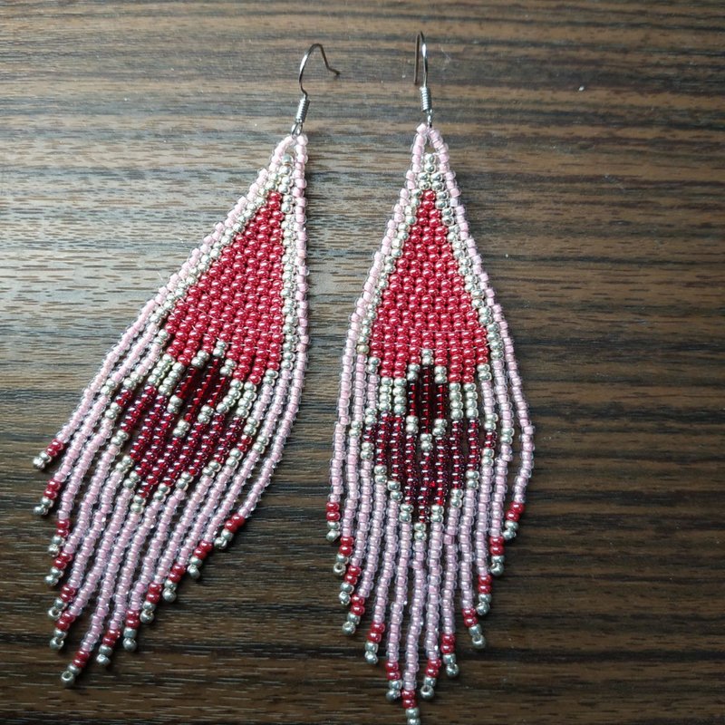 Pink beaded earrings with a red heart as a gift for her Contemporary Tribal Earr - ต่างหู - เงินแท้ สึชมพู