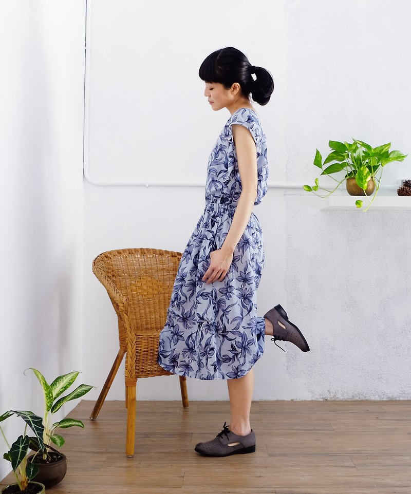 Aquamarine flower round skirt - cotton, natural material, comfortable, breathable - กระโปรง - ผ้าฝ้าย/ผ้าลินิน สีน้ำเงิน