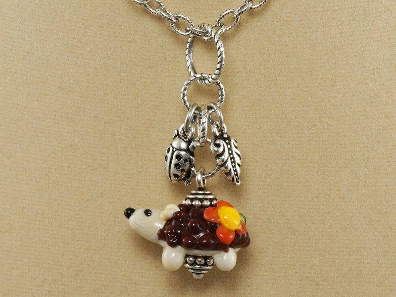 Cute Hedgehog Lampwork Murano Glass Brown Beige Orange Pendant Necklace Jewelry - Necklaces - Glass Brown