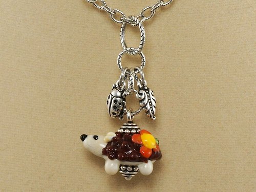 AGATIX Cute Hedgehog Lampwork Murano Glass Brown Beige Orange Pendant Necklace Jewelry