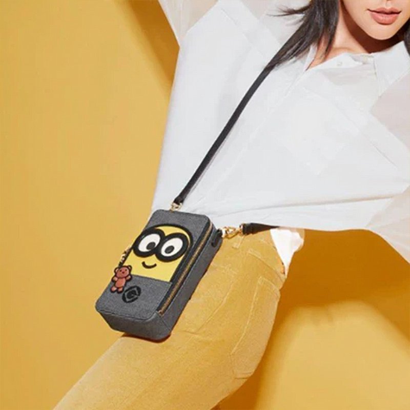 【Free Gift Event】Minions Bob & Tim Denim with Leather Mobile Phone Bag - Messenger Bags & Sling Bags - Genuine Leather Blue