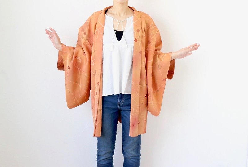 plum blossom haori, orange kimono, Japanese fashion /3001 - Women's Casual & Functional Jackets - Silk Orange