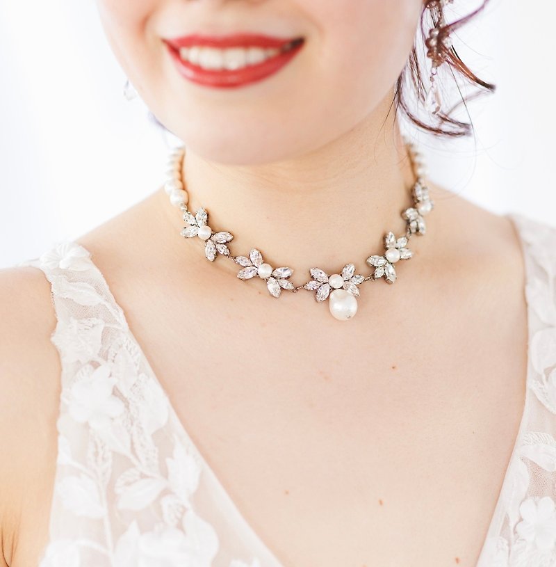 Bijou ribbon necklace crystals bridal accessories wedding - Necklaces - Glass Silver